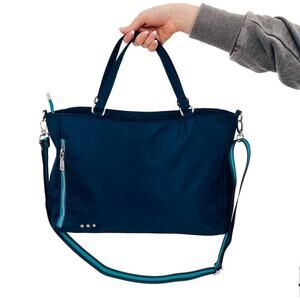 Nina Nylon Tote Bag Navy Blue with Trolley Sleeve, Detachable Crossbody Strap